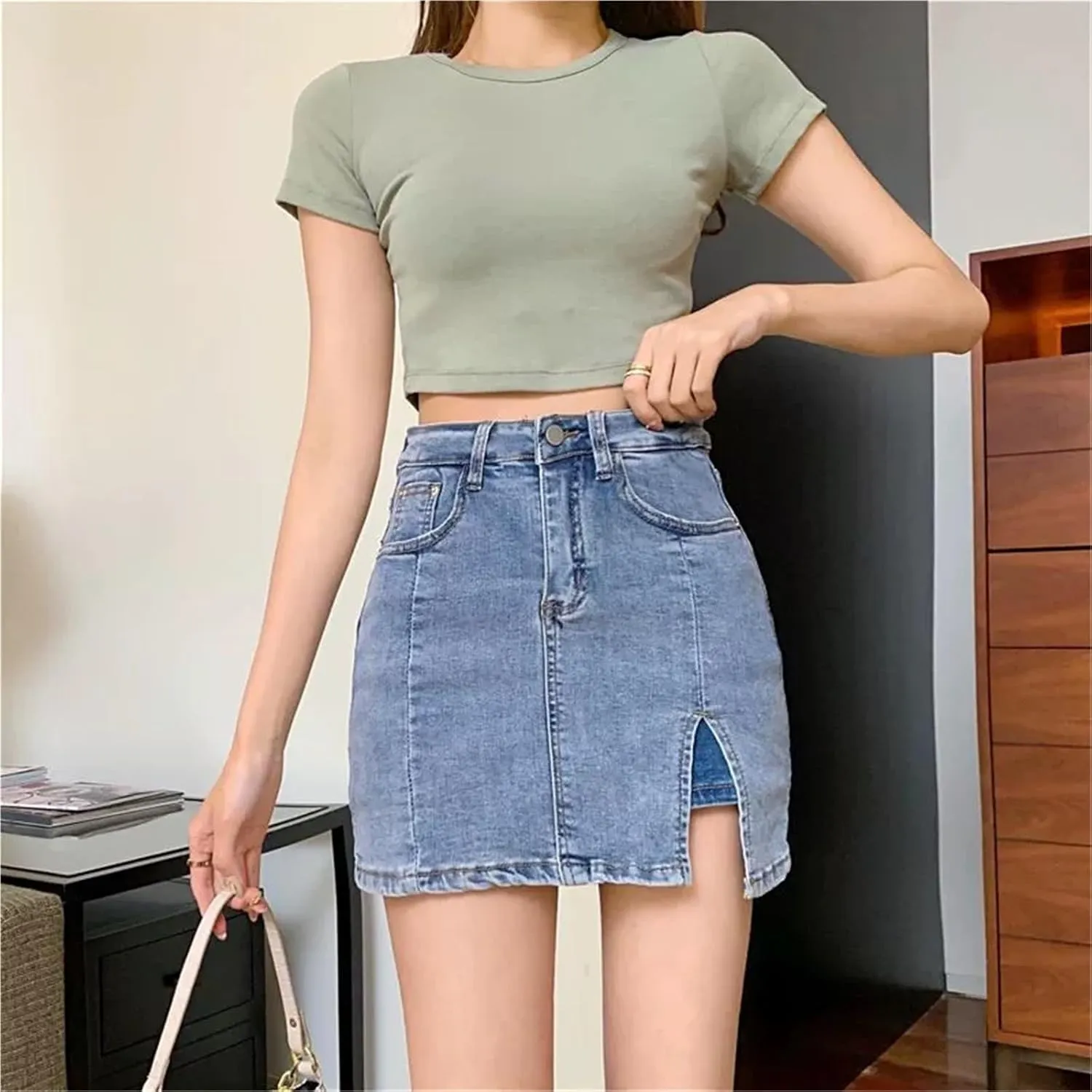 Bloomy Jean Skorts, Bloomy Skorts, High Waisted Denim Skirt, Casual Stretchy Denim Side Split Mini Skirts