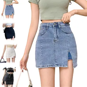 Bloomy Jean Skorts, Bloomy Skorts, High Waisted Denim Skirt, Casual Stretchy Denim Side Split Mini Skirts