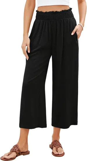 Capri Pants for Women Wide Leg Linen Palazzo Pants High Waist Elastic Pant Summer Casual Beach Trousers with Pockets