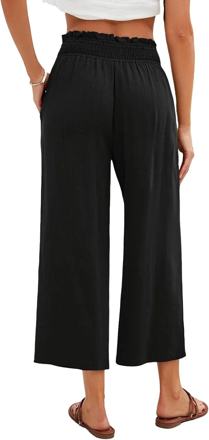 Capri Pants for Women Wide Leg Linen Palazzo Pants High Waist Elastic Pant Summer Casual Beach Trousers with Pockets