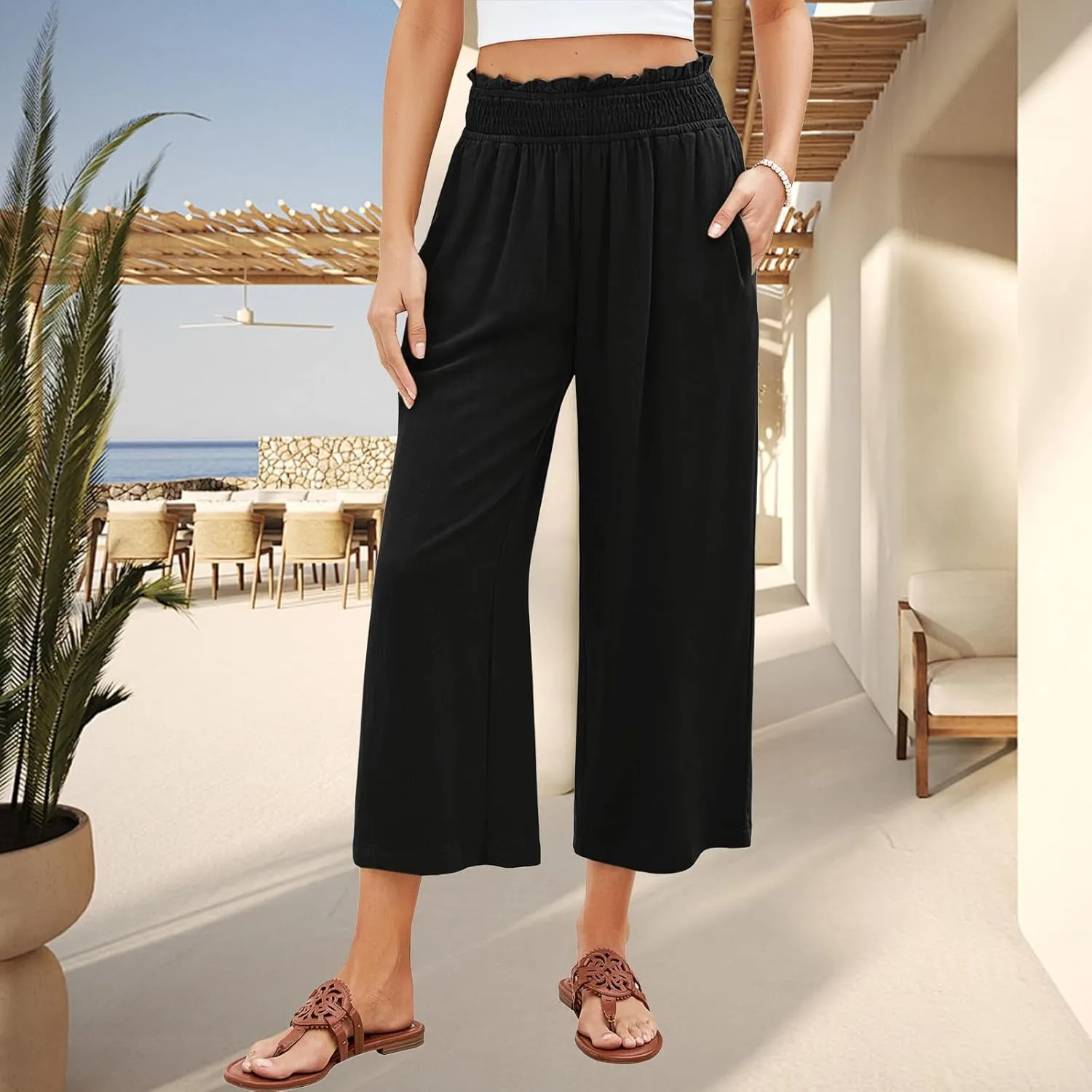 Capri Pants for Women Wide Leg Linen Palazzo Pants High Waist Elastic Pant Summer Casual Beach Trousers with Pockets