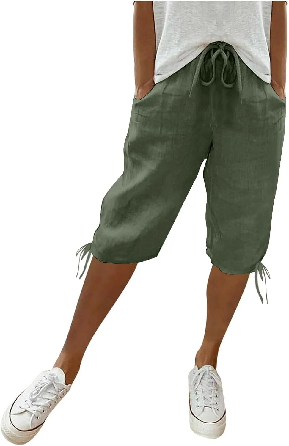 Capri Pants for Womens Summer Linen High Waisted Drawstring Wide Leg Capris Lightweight Elastic Casual Trousers