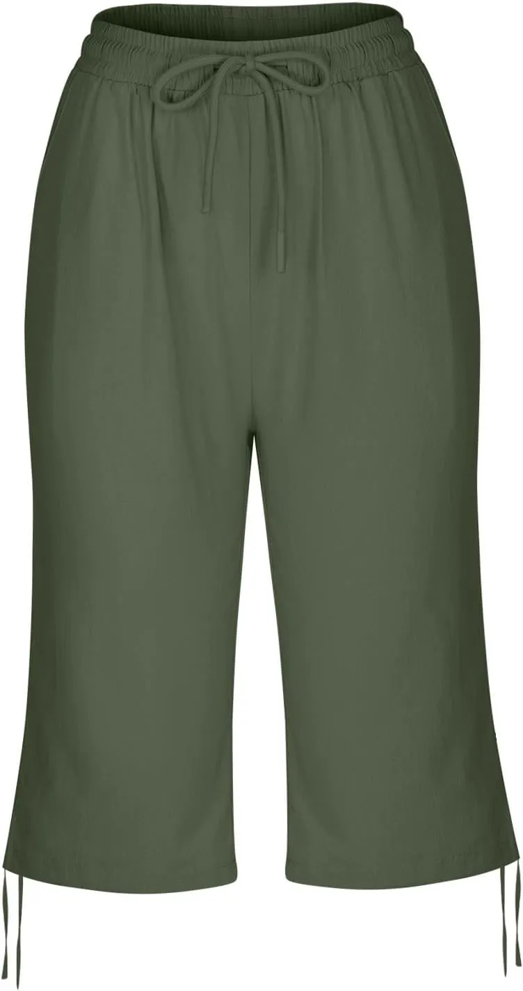 Capri Pants for Womens Summer Linen High Waisted Drawstring Wide Leg Capris Lightweight Elastic Casual Trousers