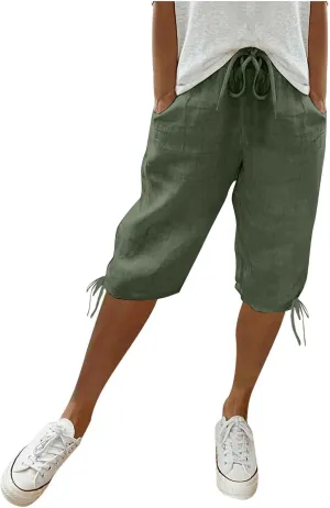 Capri Pants for Womens Summer Linen High Waisted Drawstring Wide Leg Capris Lightweight Elastic Casual Trousers