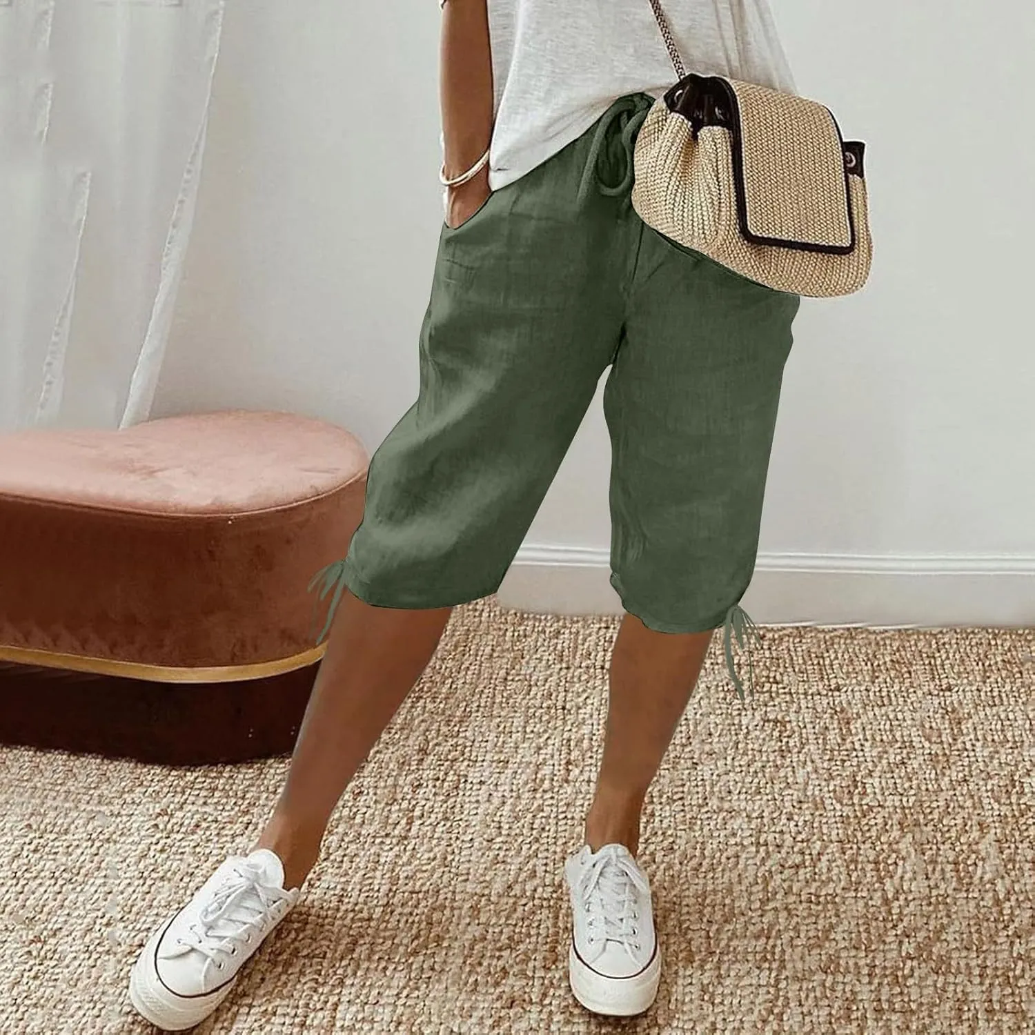Capri Pants for Womens Summer Linen High Waisted Drawstring Wide Leg Capris Lightweight Elastic Casual Trousers