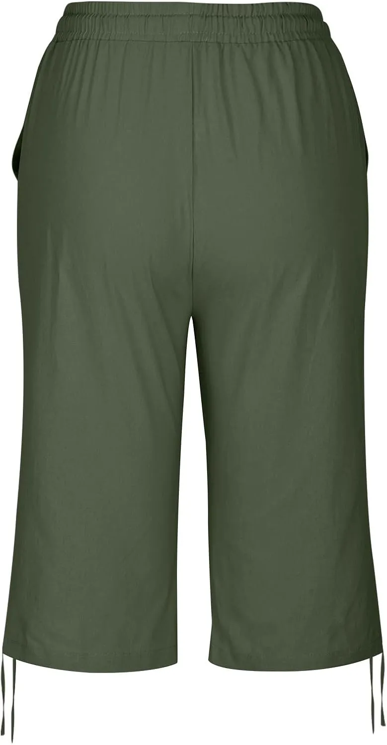 Capri Pants for Womens Summer Linen High Waisted Drawstring Wide Leg Capris Lightweight Elastic Casual Trousers