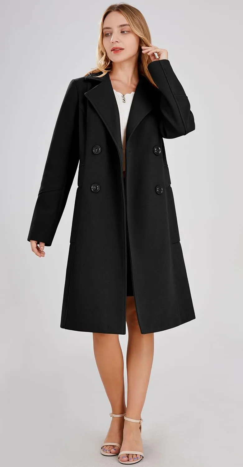 chouyatou Women's Basic Essential Double Breasted Mid-Long Wool Blend Pea Coat