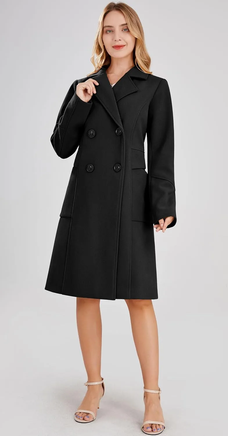 chouyatou Women's Basic Essential Double Breasted Mid-Long Wool Blend Pea Coat