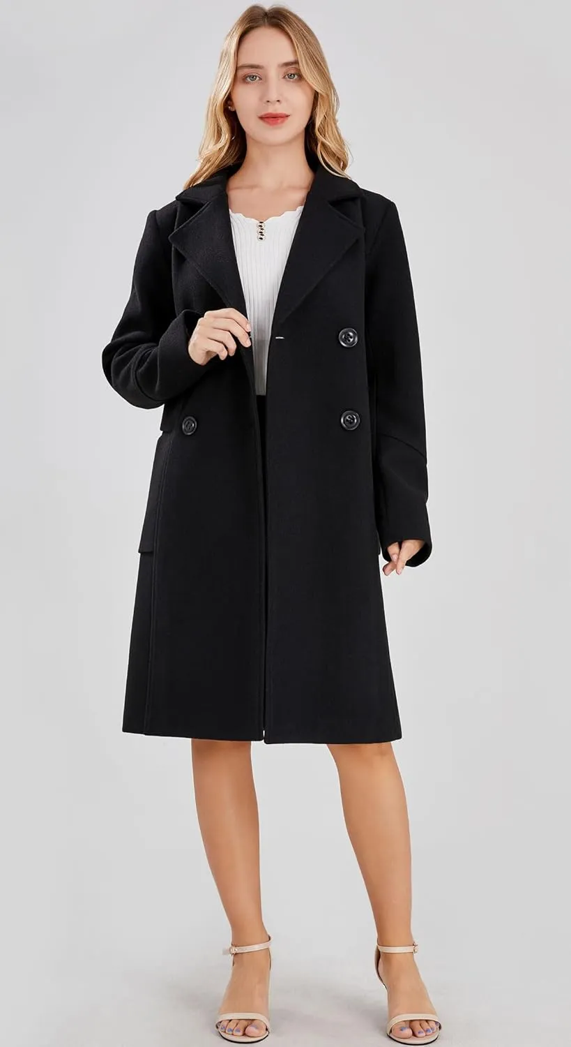 chouyatou Women's Basic Essential Double Breasted Mid-Long Wool Blend Pea Coat