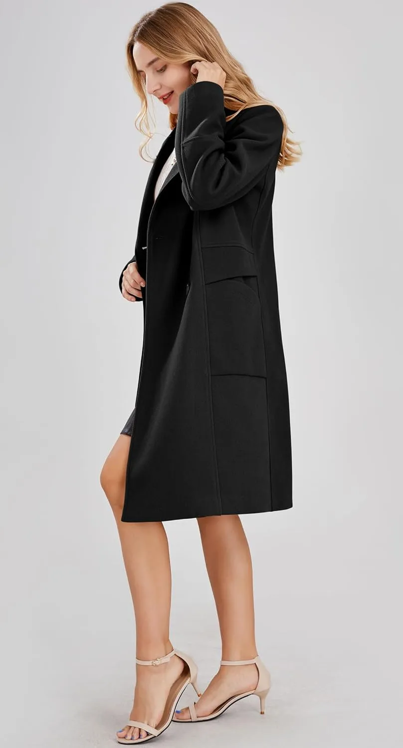 chouyatou Women's Basic Essential Double Breasted Mid-Long Wool Blend Pea Coat