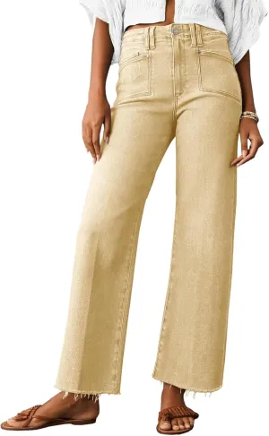 Cicy Bell Womens High Waisted Cropped Jeans Trendy Stretchy Baggy Straight Leg Raw Hem Capri Denim Pants