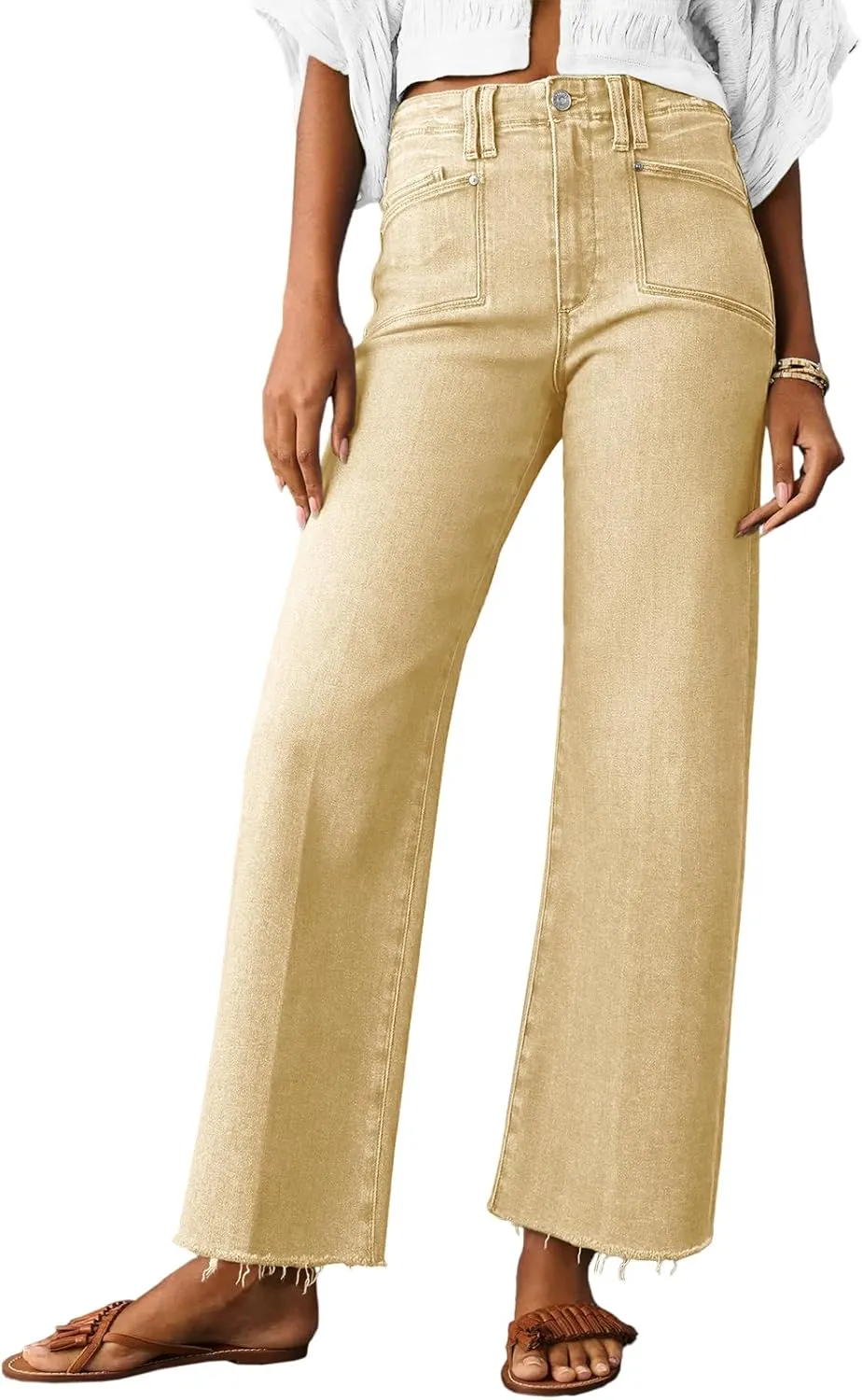 Cicy Bell Womens High Waisted Cropped Jeans Trendy Stretchy Baggy Straight Leg Raw Hem Capri Denim Pants