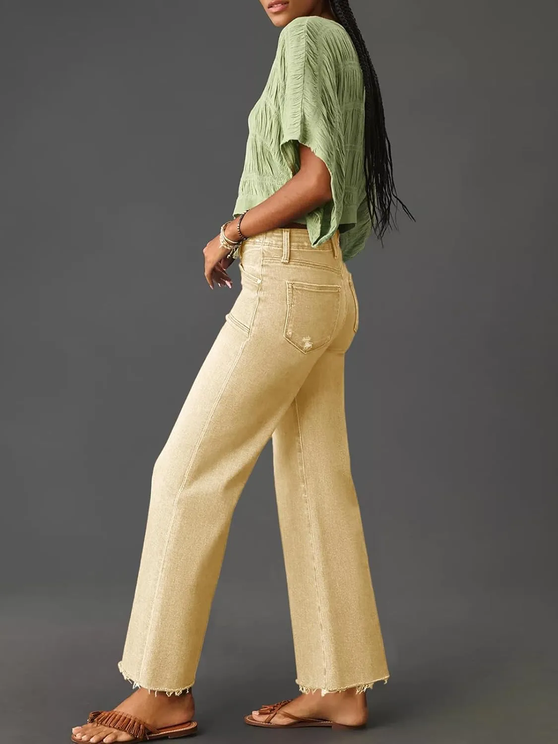 Cicy Bell Womens High Waisted Cropped Jeans Trendy Stretchy Baggy Straight Leg Raw Hem Capri Denim Pants