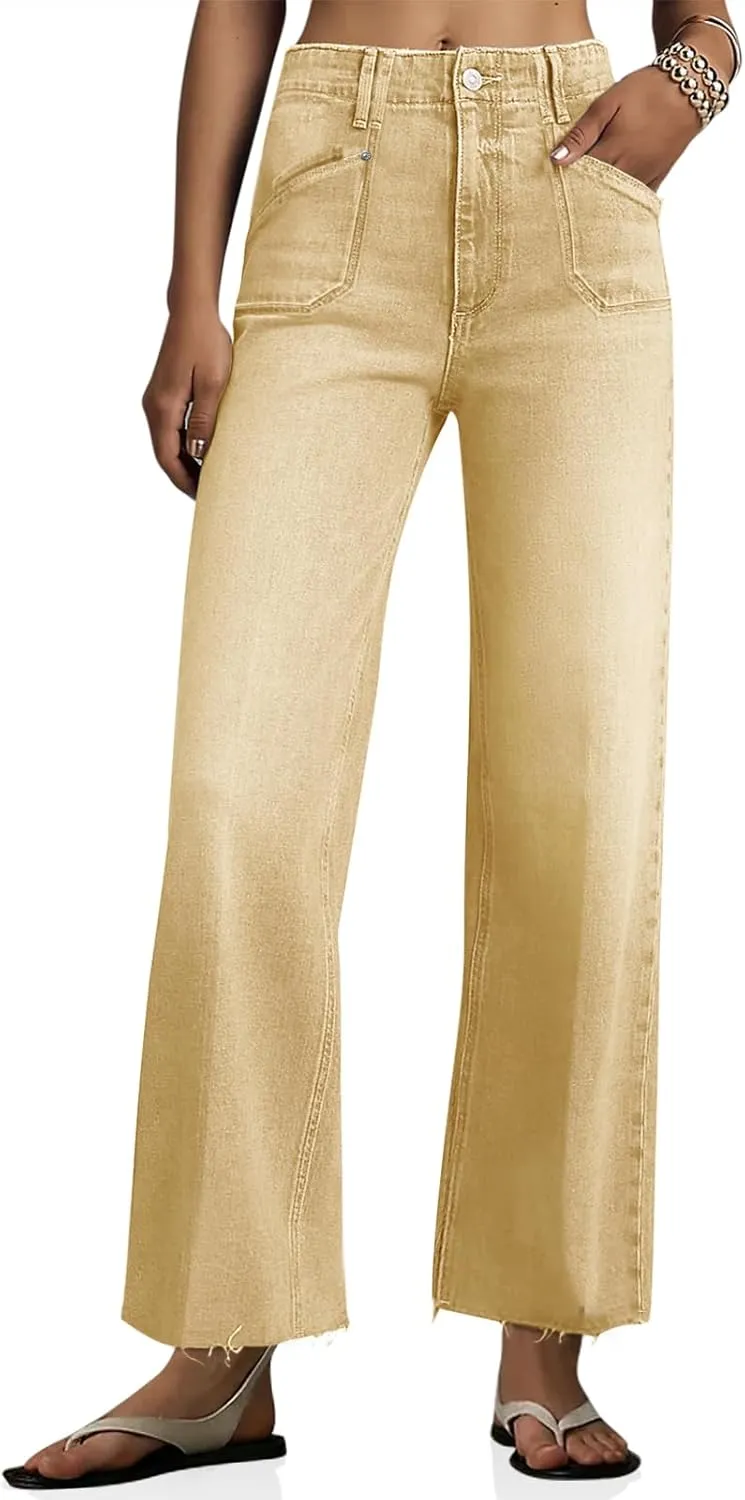 Cicy Bell Womens High Waisted Cropped Jeans Trendy Stretchy Baggy Straight Leg Raw Hem Capri Denim Pants
