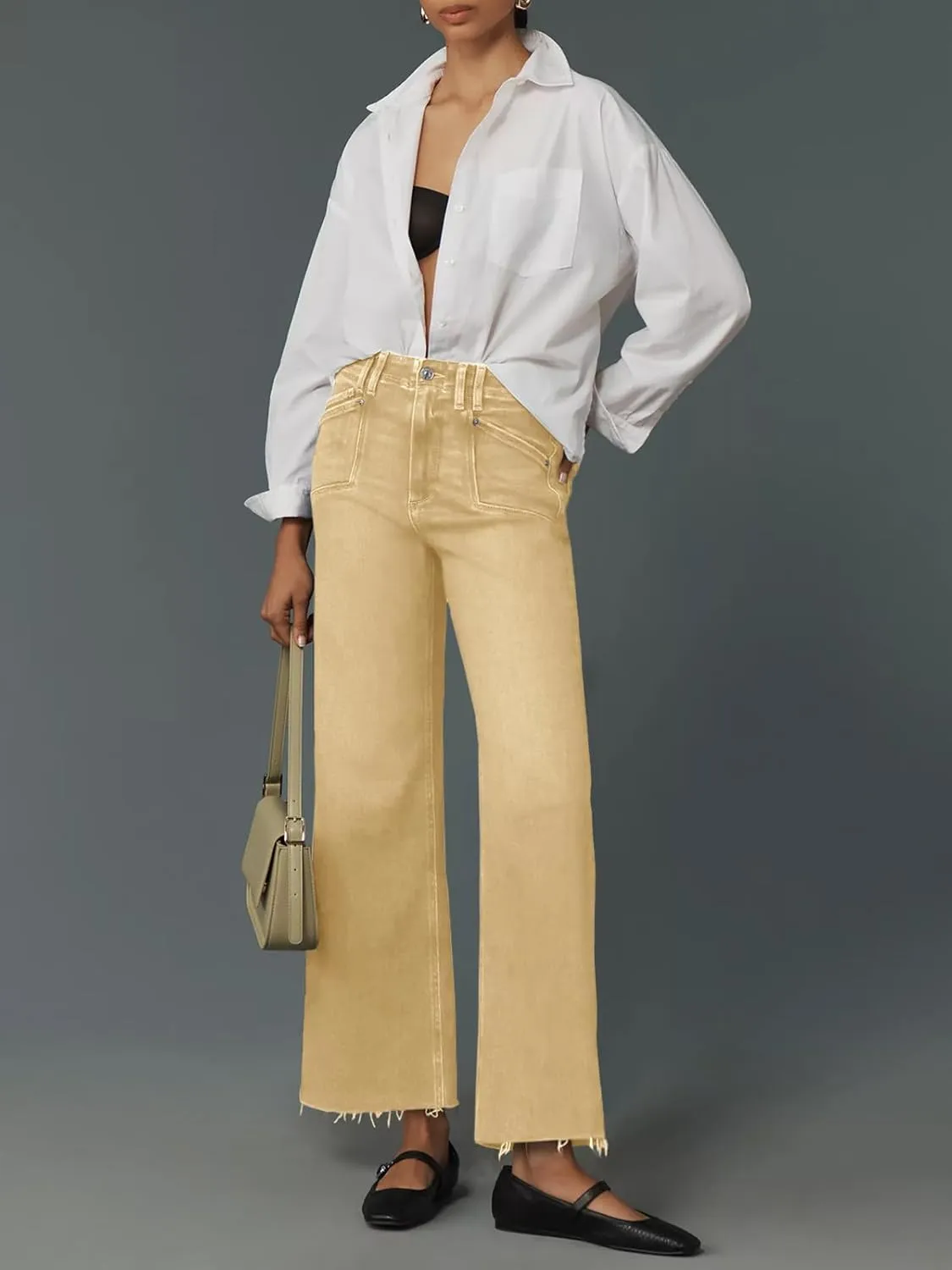 Cicy Bell Womens High Waisted Cropped Jeans Trendy Stretchy Baggy Straight Leg Raw Hem Capri Denim Pants