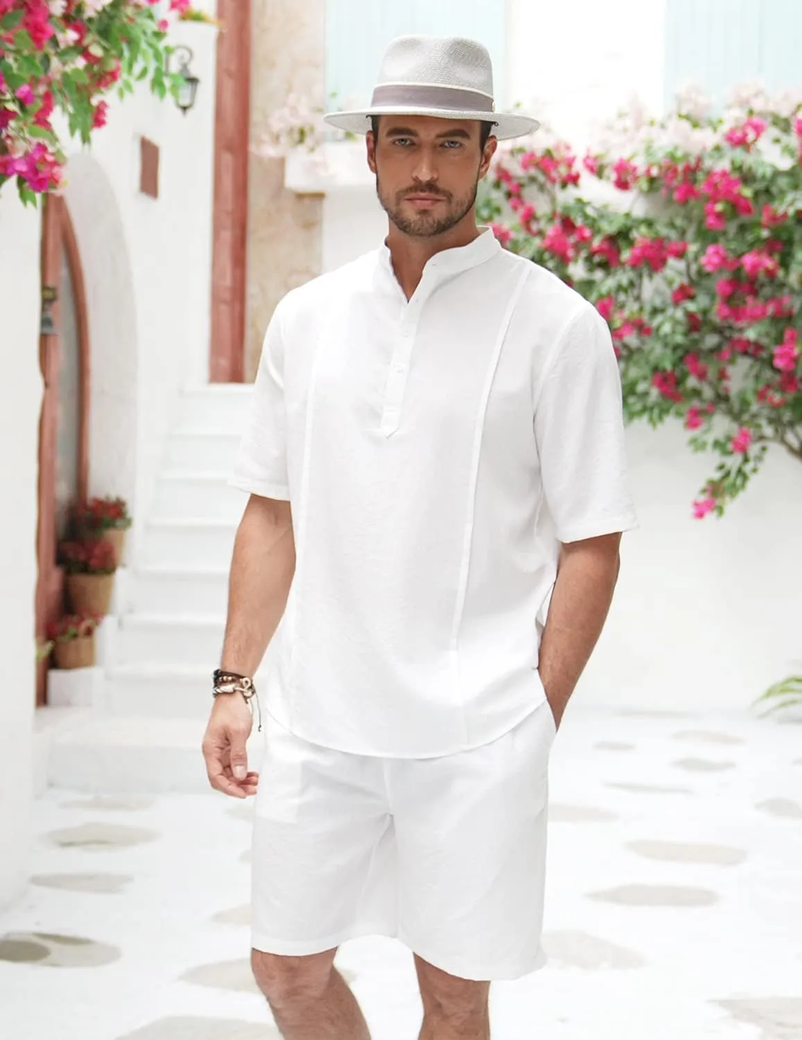 COOFANDY Men's 2 Pieces Linen Set Henley Shirt Short Sleeve and Shorts Summer Beach Yoga Matching Outfits