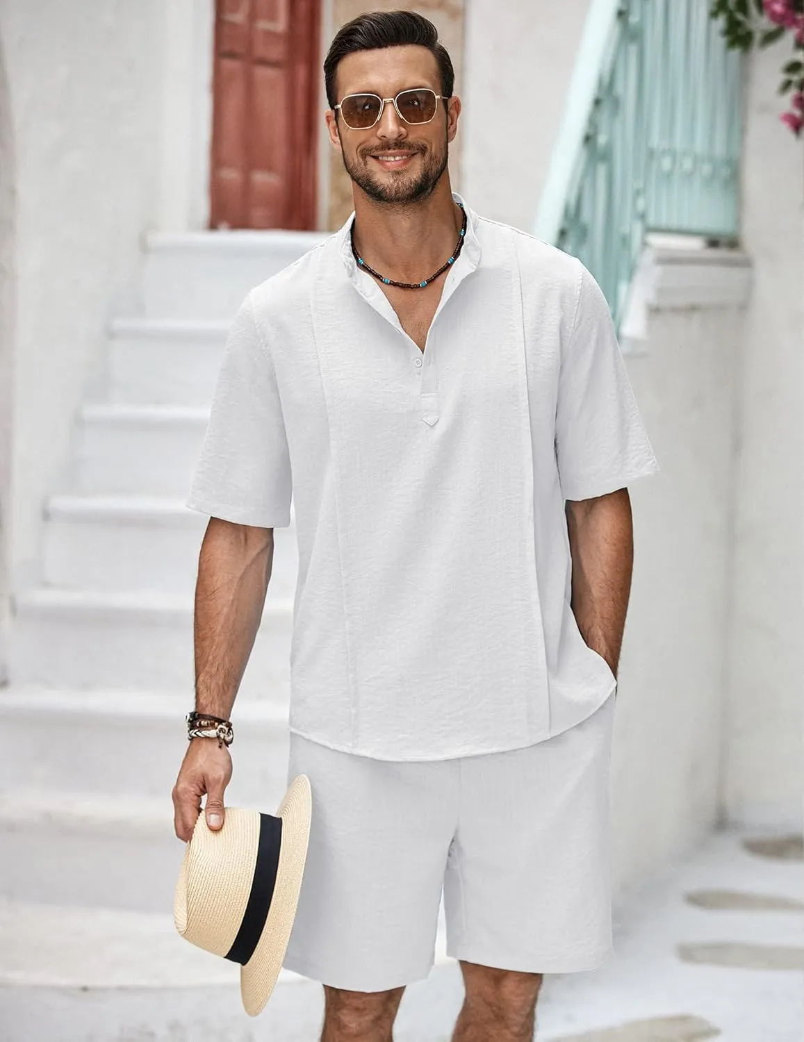 COOFANDY Men's 2 Pieces Linen Set Henley Shirt Short Sleeve and Shorts Summer Beach Yoga Matching Outfits