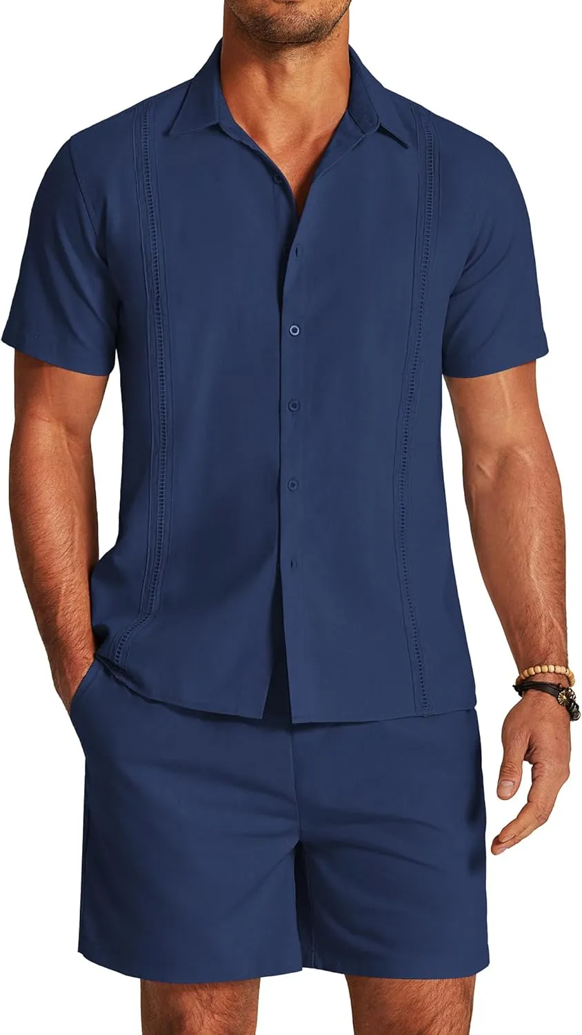 COOFANDY Men's 2 Pieces Linen Set Short Sleeve Button Down Shirts Summer Beach Shorts Casual Outfits