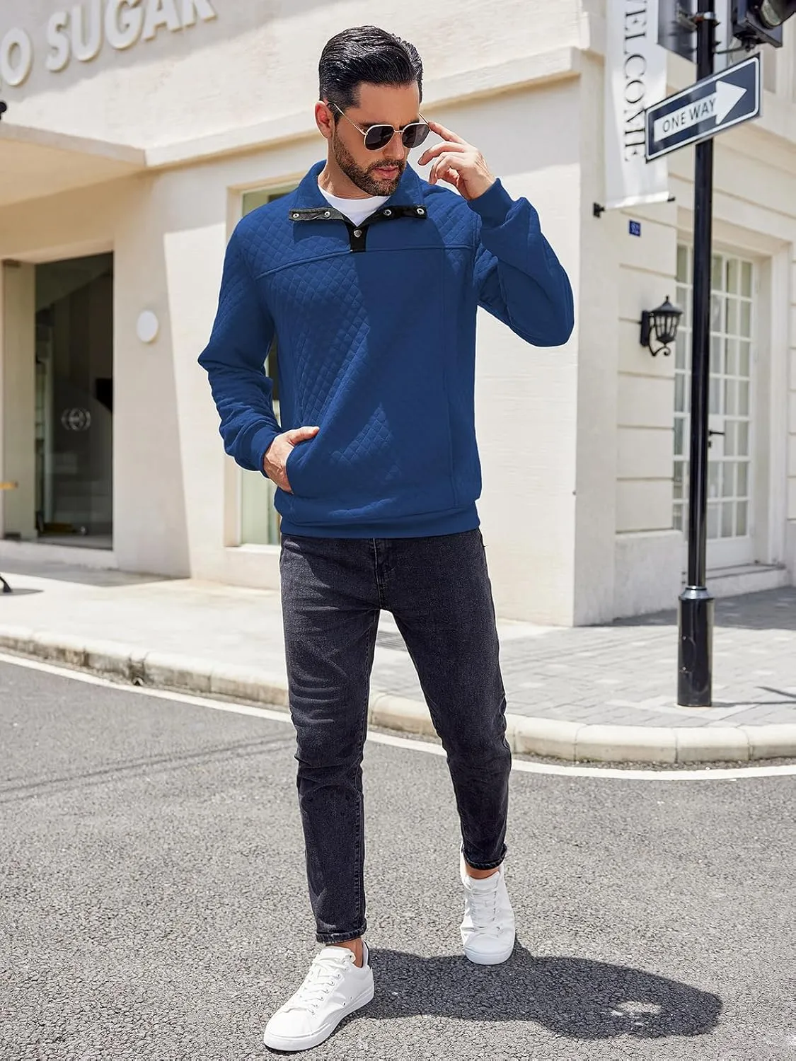 COOFANDY Mens Quarter Sweatshirt Quilted Long Sleeve Mock Neck Active Sweater Waffle Pullover Polo Shirts With Pockets