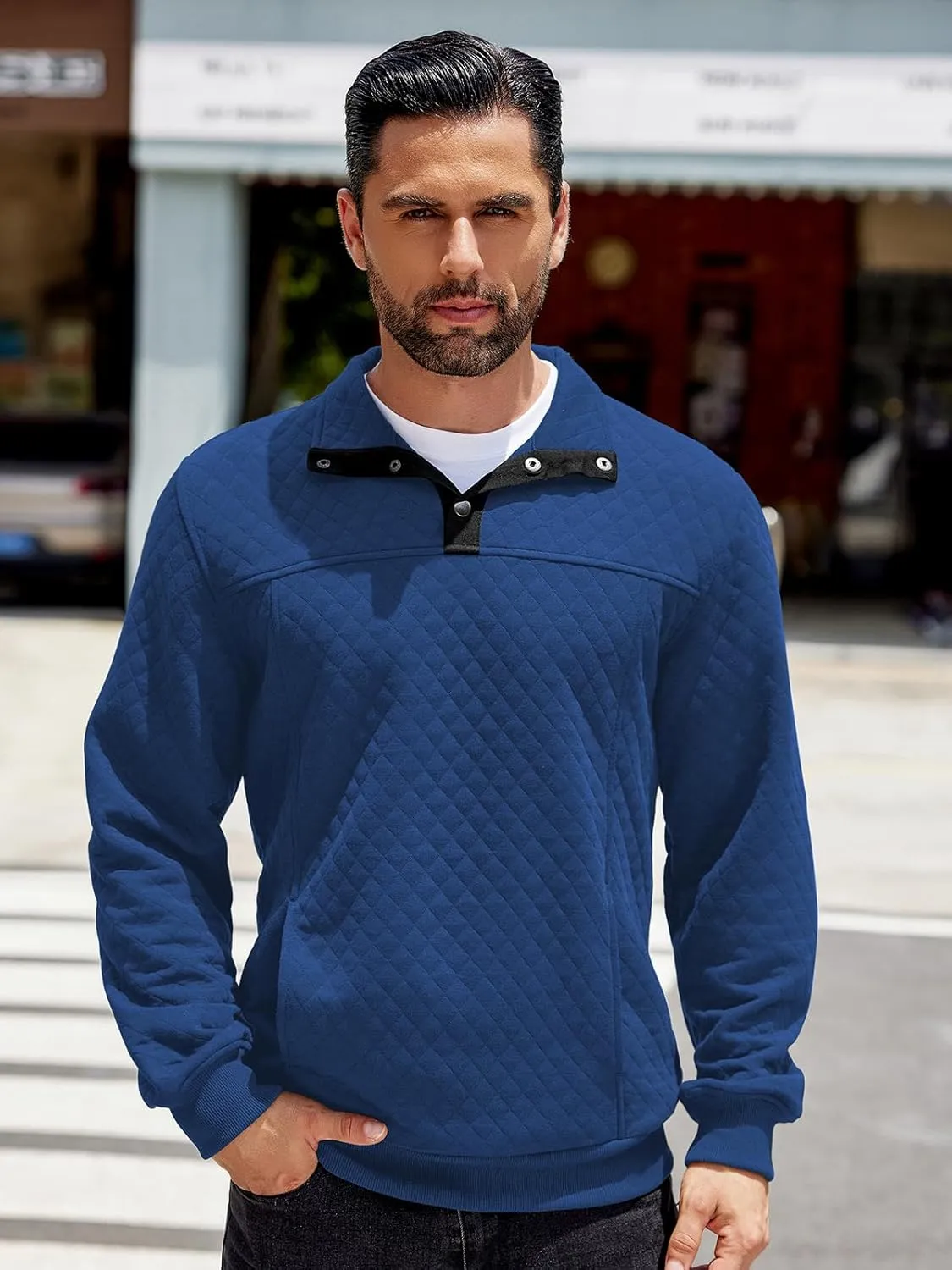 COOFANDY Mens Quarter Sweatshirt Quilted Long Sleeve Mock Neck Active Sweater Waffle Pullover Polo Shirts With Pockets