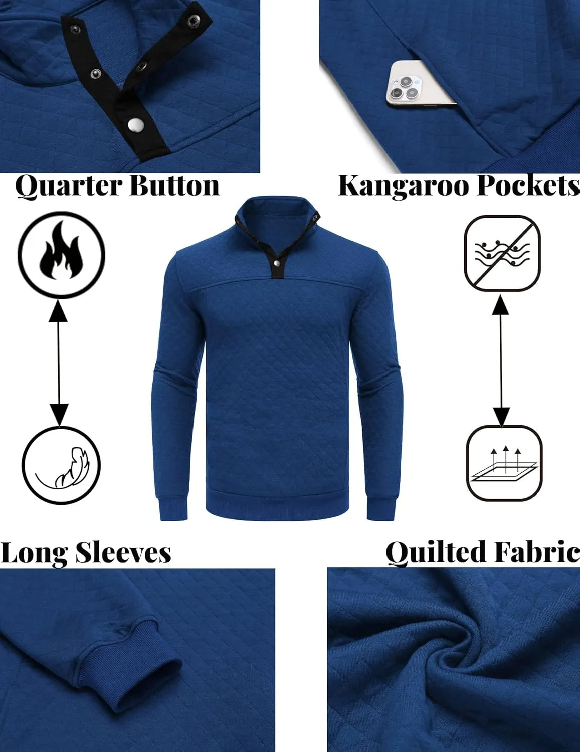 COOFANDY Mens Quarter Sweatshirt Quilted Long Sleeve Mock Neck Active Sweater Waffle Pullover Polo Shirts With Pockets