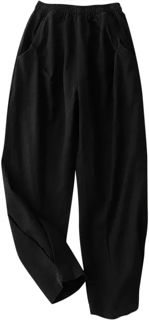 Cotton Linen Pants Women Capri Pants High Waist Pants Cinch Bottom Baggy Casual Summer Travel Trouser with Pockets