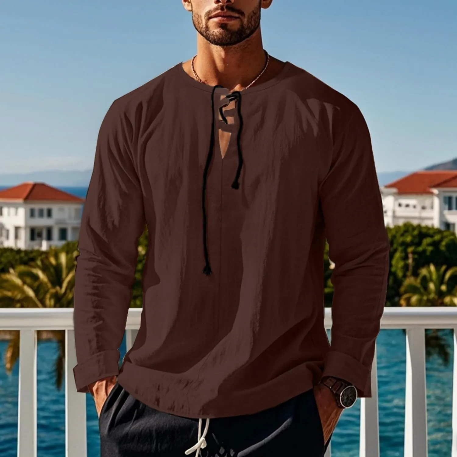 Cotton Linen Shirts Men V Neck Lace Up Long Sleeve Solid Color Drawstring Renaissance Loose Summer Casual Tops