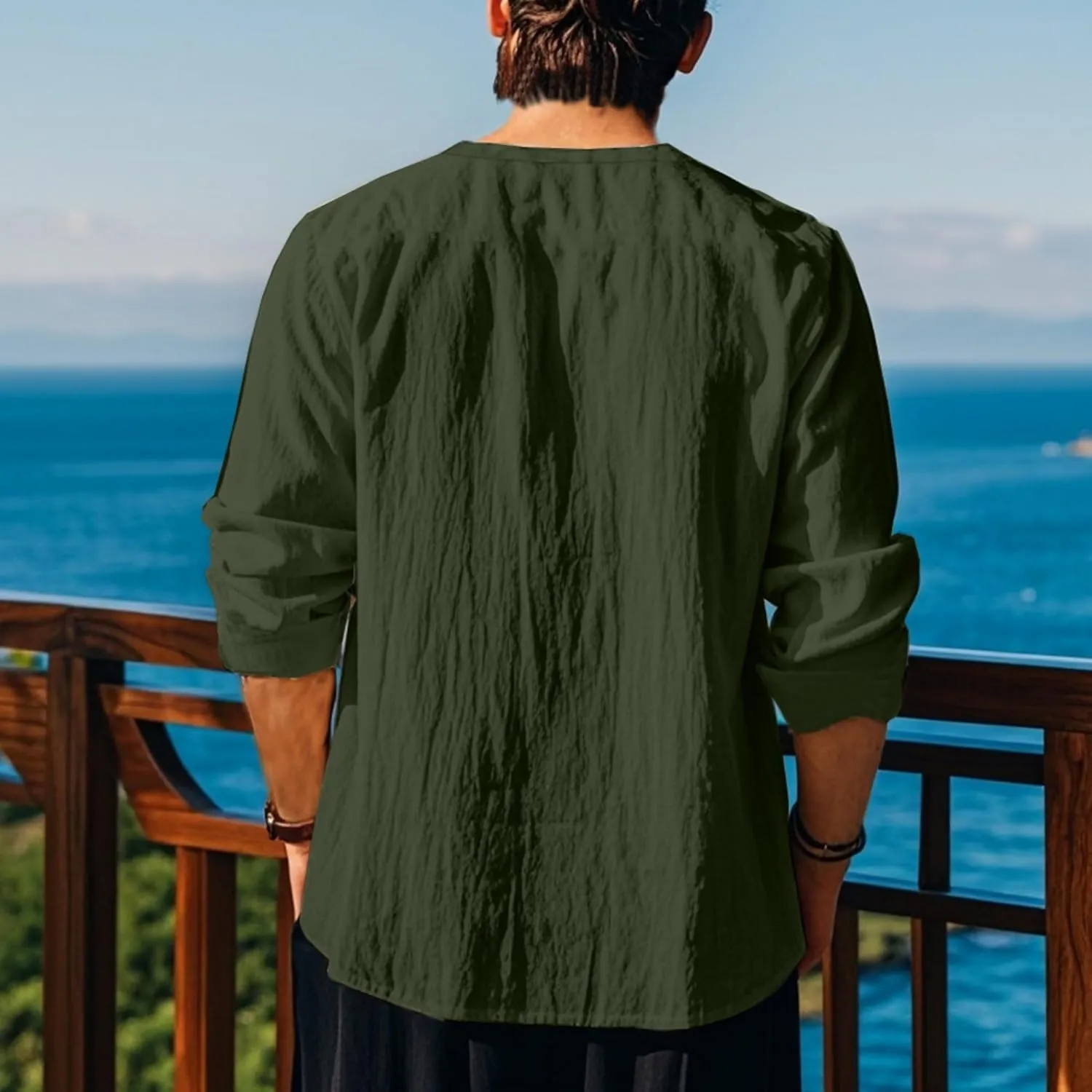 Cotton Linen Shirts Men V Neck Lace Up Long Sleeve Solid Color Drawstring Renaissance Loose Summer Casual Tops