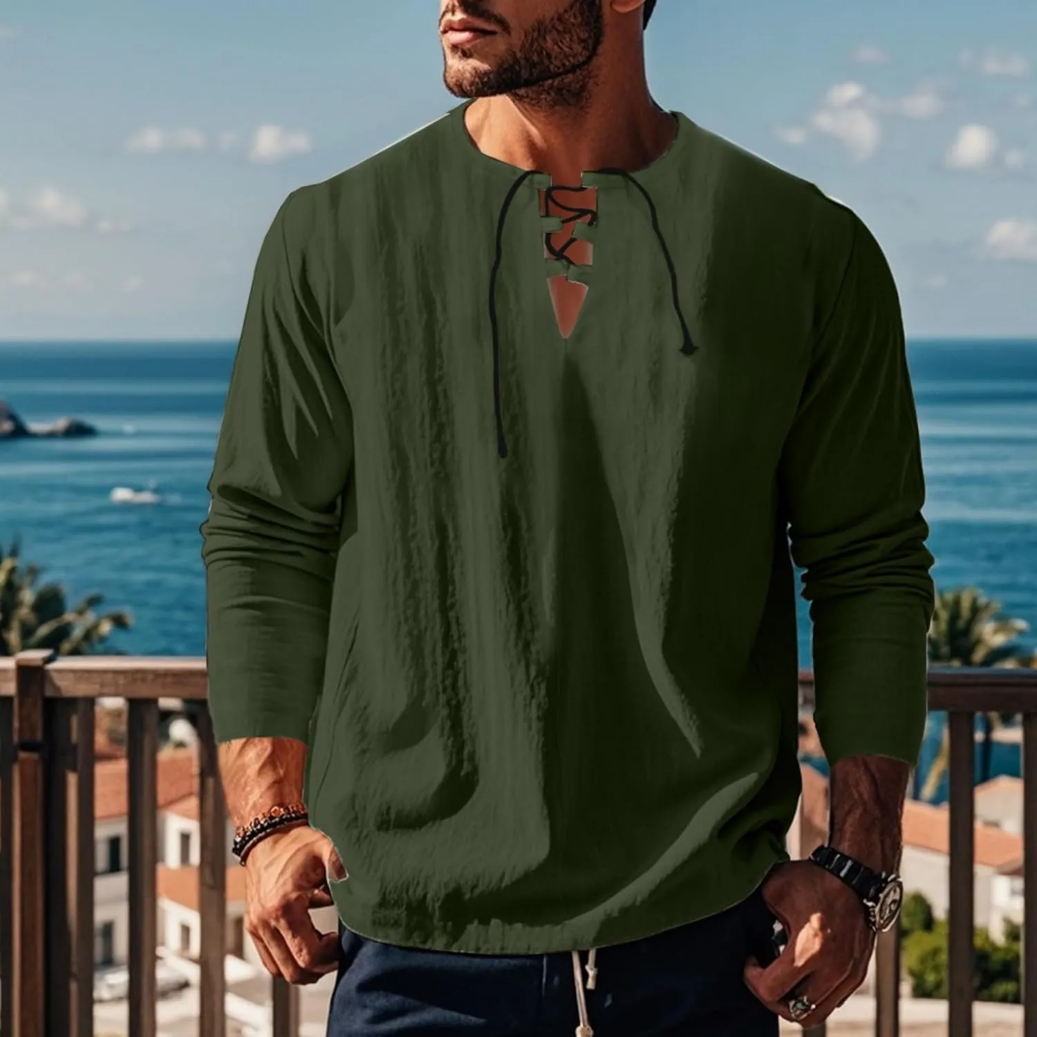 Cotton Linen Shirts Men V Neck Lace Up Long Sleeve Solid Color Drawstring Renaissance Loose Summer Casual Tops