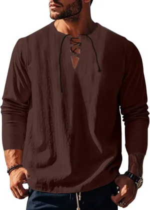 Cotton Linen Shirts Men V Neck Lace Up Long Sleeve Solid Color Drawstring Renaissance Loose Summer Casual Tops