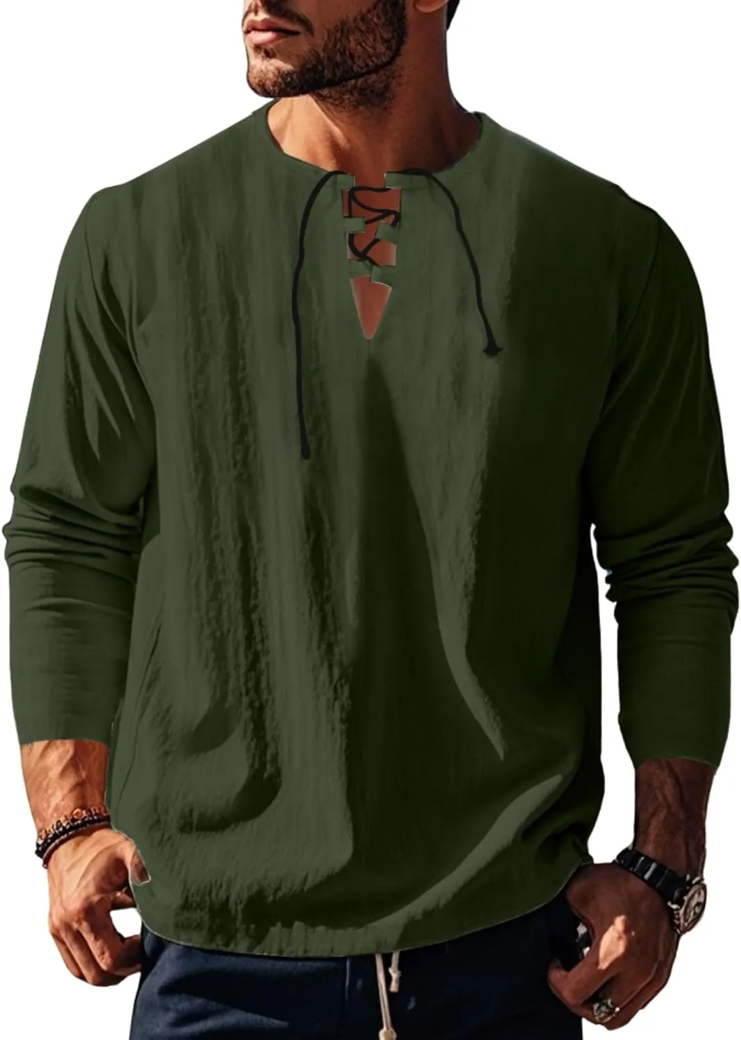 Cotton Linen Shirts Men V Neck Lace Up Long Sleeve Solid Color Drawstring Renaissance Loose Summer Casual Tops