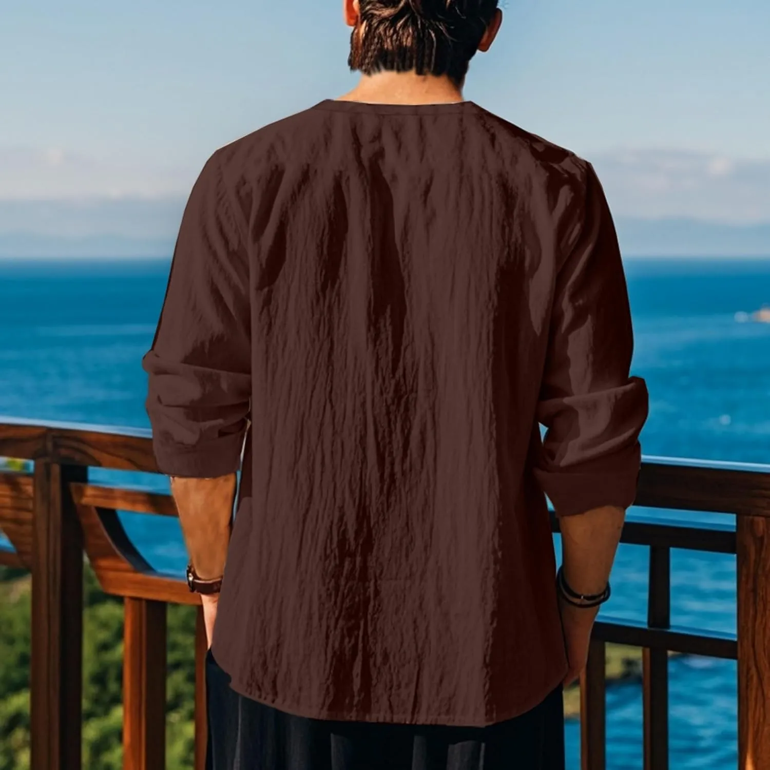 Cotton Linen Shirts Men V Neck Lace Up Long Sleeve Solid Color Drawstring Renaissance Loose Summer Casual Tops