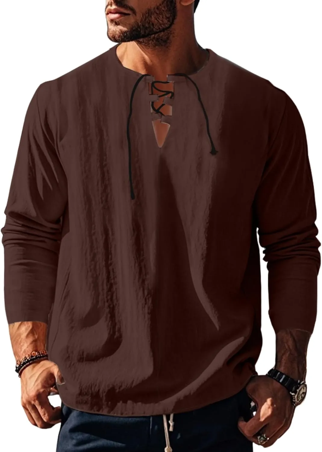 Cotton Linen Shirts Men V Neck Lace Up Long Sleeve Solid Color Drawstring Renaissance Loose Summer Casual Tops