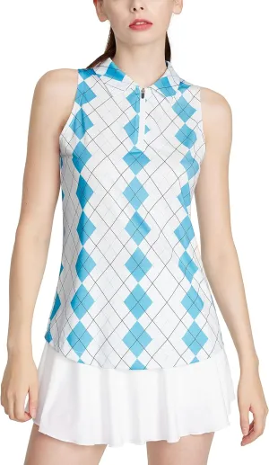 CQC Women's Sleeveless Golf Shirts Quick Dry Floral Athletic Polo with Collar Zip Up Lightweight Tennis Tank Tops