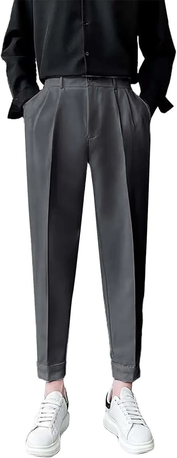 CRNTCEM Straight Anckle Pants for Men Flat-Front Casual Formal Dress Pants 2023 Spring Fall Business Work Cropped Trousers