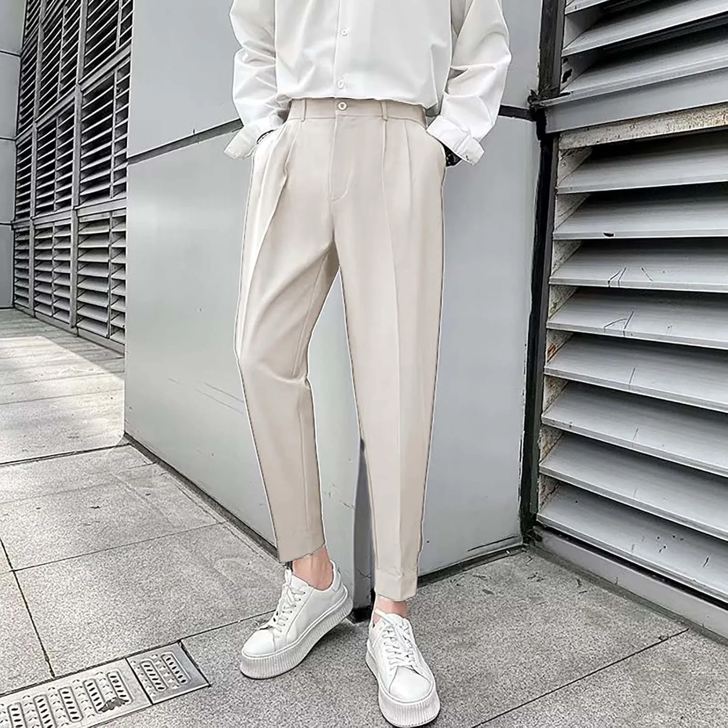 CRNTCEM Straight Anckle Pants for Men Flat-Front Casual Formal Dress Pants 2023 Spring Fall Business Work Cropped Trousers