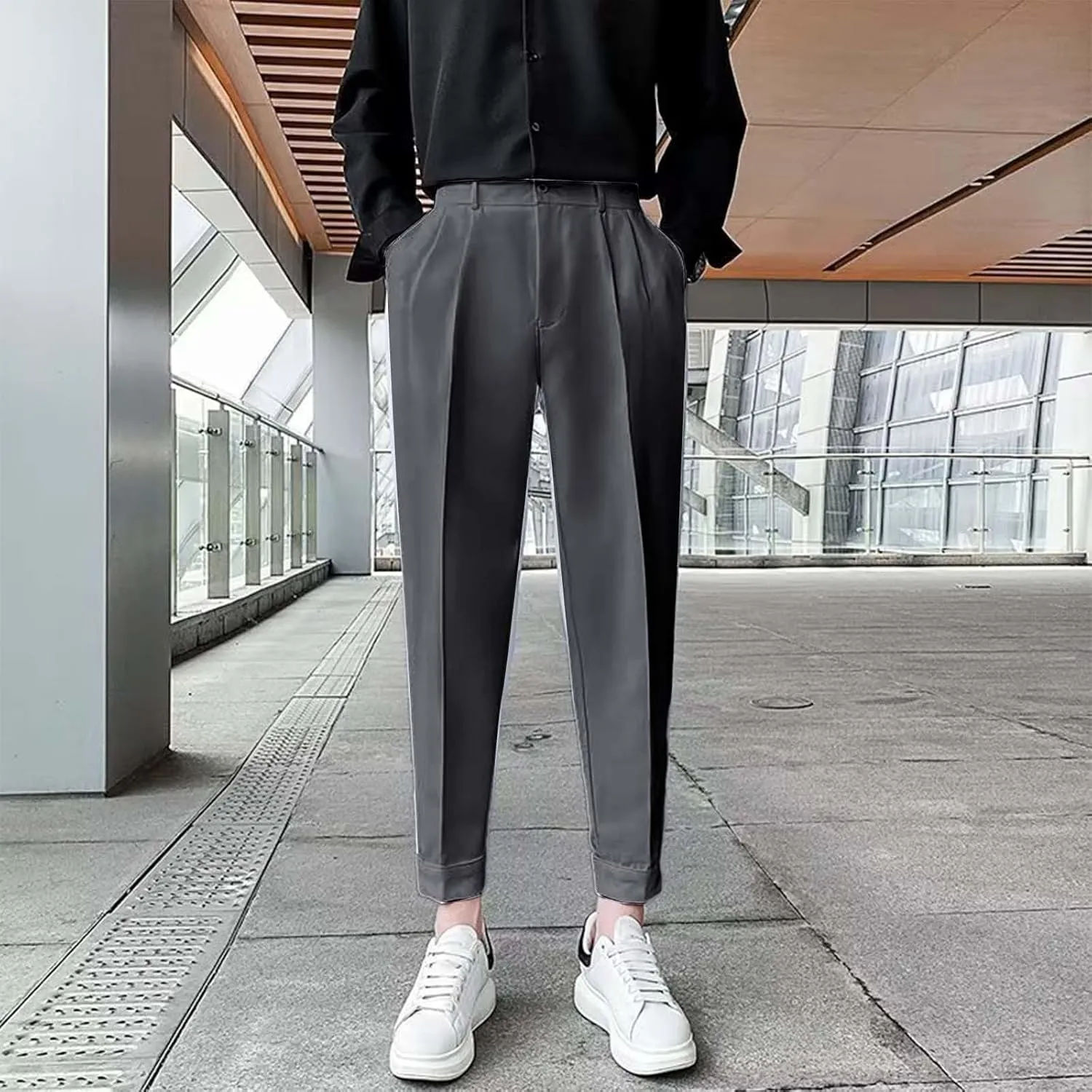 CRNTCEM Straight Anckle Pants for Men Flat-Front Casual Formal Dress Pants 2023 Spring Fall Business Work Cropped Trousers