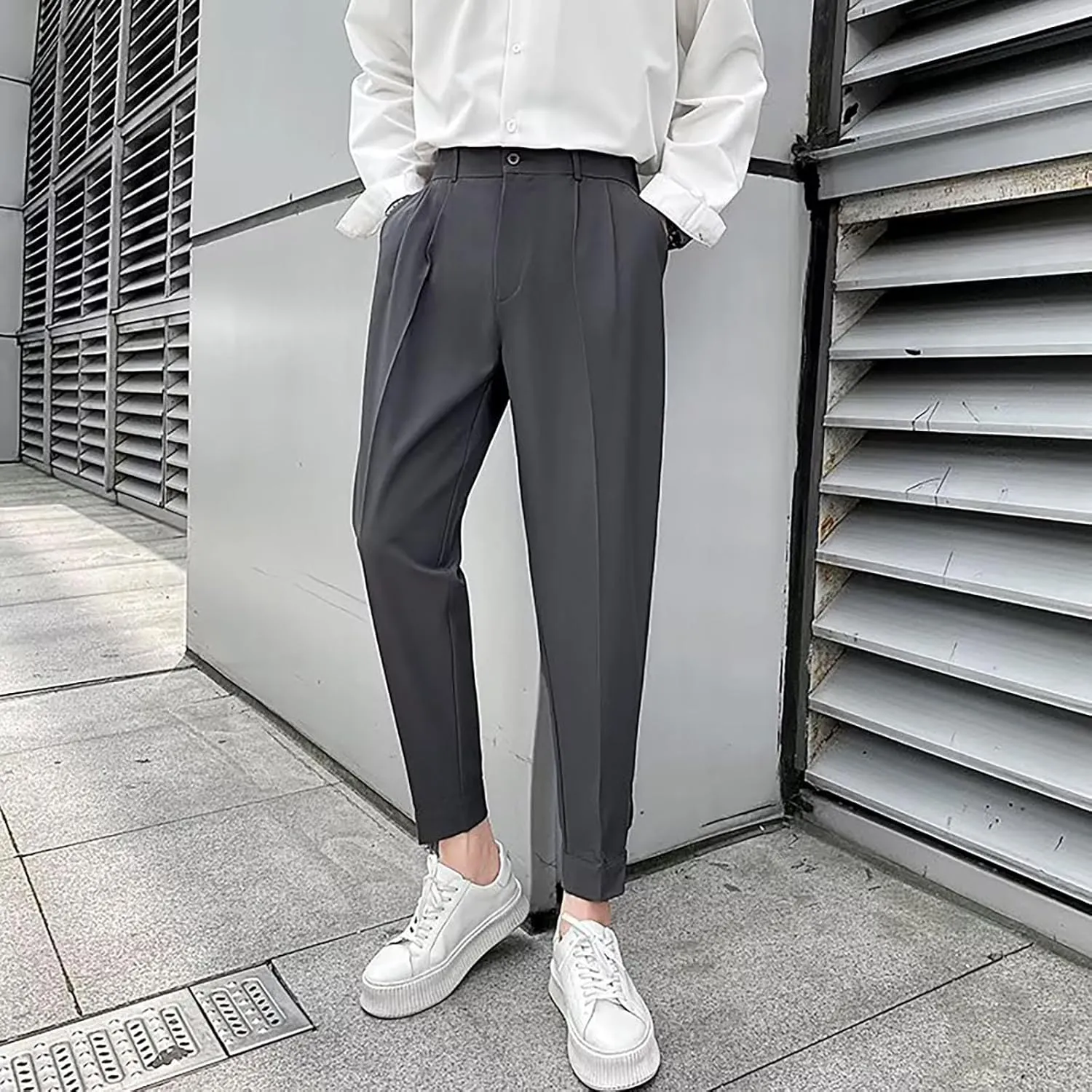CRNTCEM Straight Anckle Pants for Men Flat-Front Casual Formal Dress Pants 2023 Spring Fall Business Work Cropped Trousers