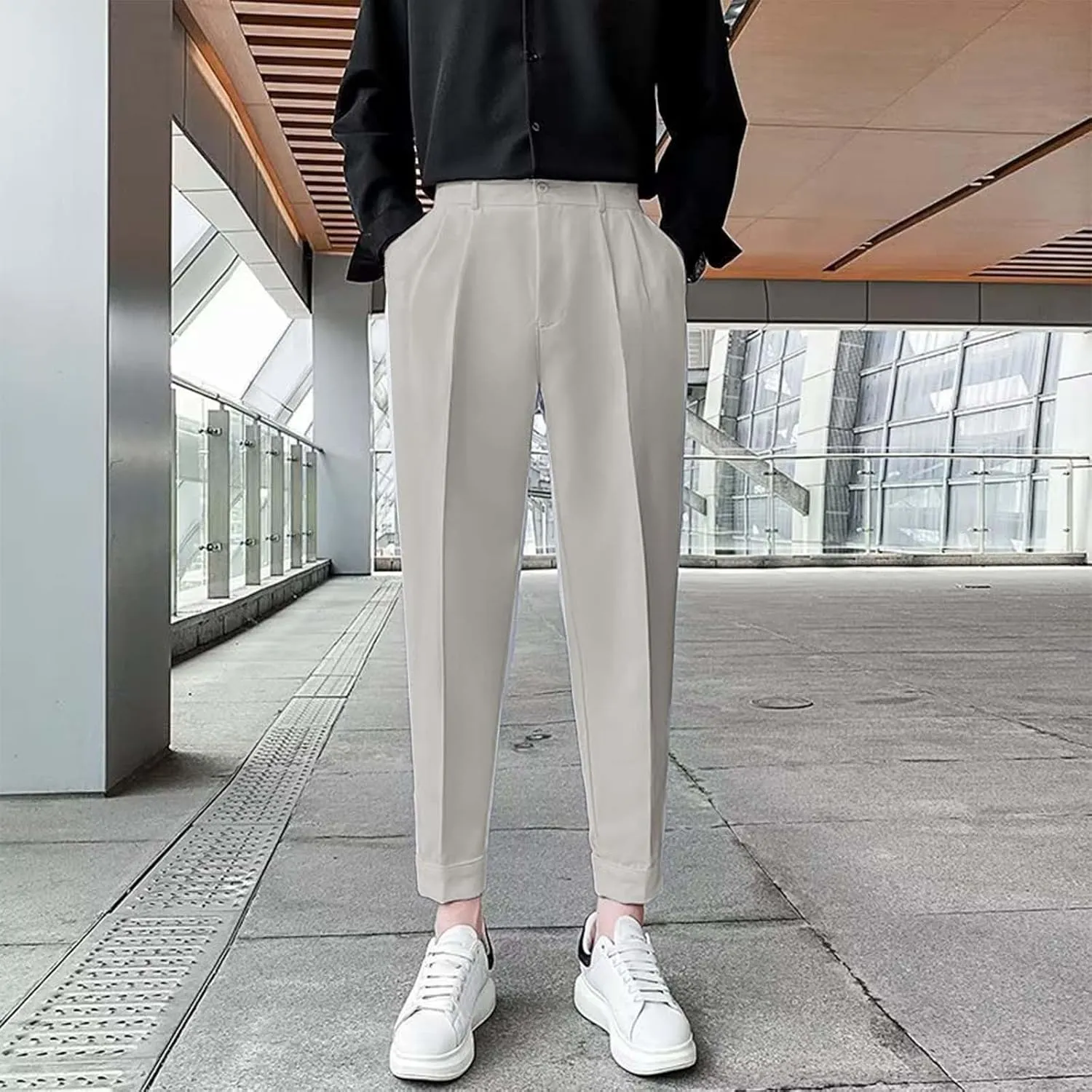 CRNTCEM Straight Anckle Pants for Men Flat-Front Casual Formal Dress Pants 2023 Spring Fall Business Work Cropped Trousers