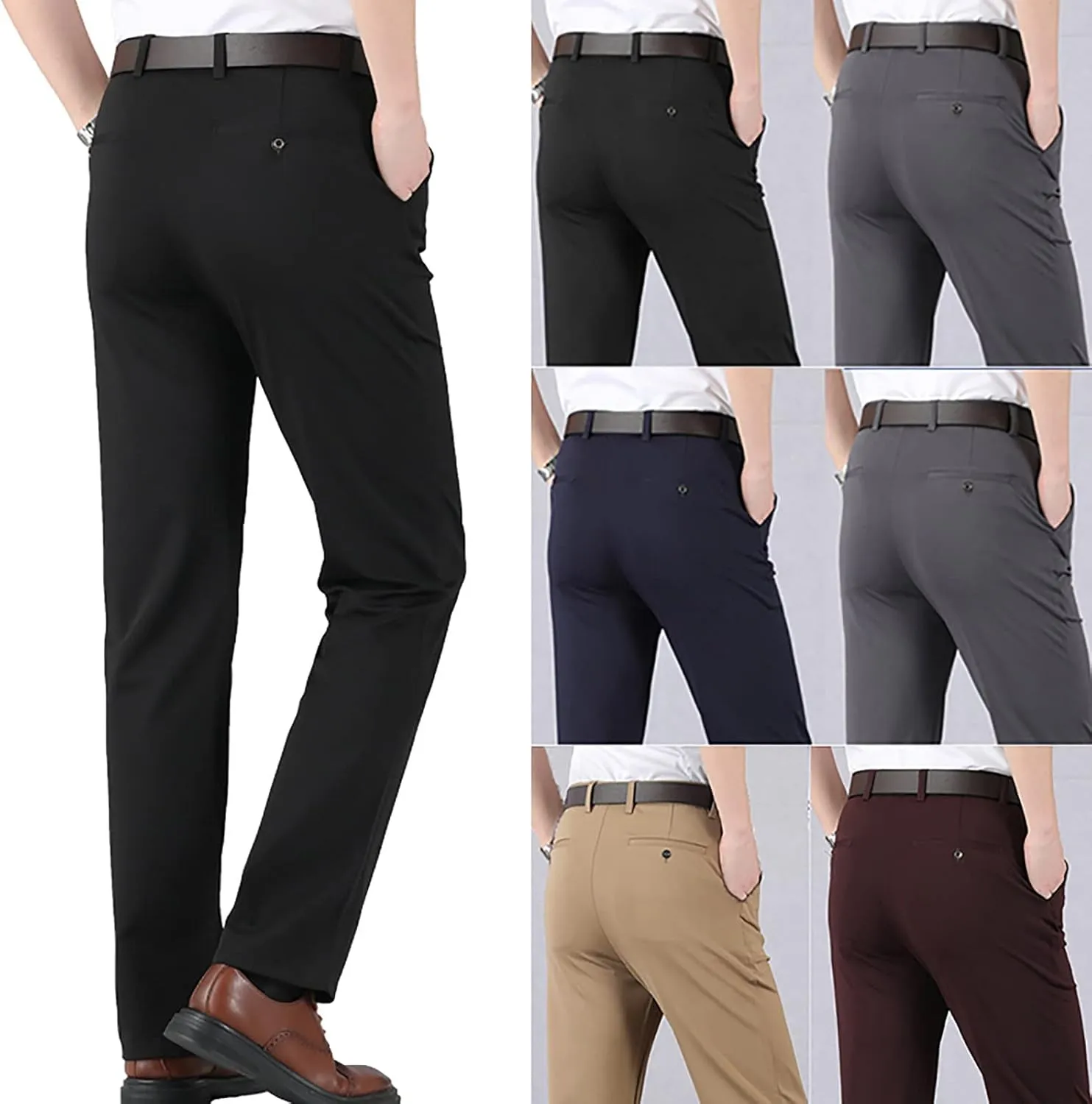 CRNTCEM Stretchy Suit Pants for Men Slim-Fit Flat-Front Formal Dress Pant Tapered Straight Leg Business Office Work Pants