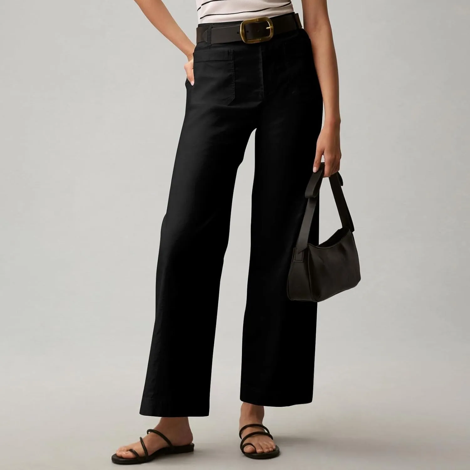 Cropped Pants for Women Stretch Straight Wide Leg High Waisted Business Work Chino Trousers Jeans with Pockets