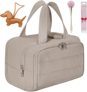 Cureaway Travel Cosmetic Bag, 0.6lb Large Capacity Wide-Open Travel Cosmetic Bag, 4-In-1 Puffy Multi-Functional Toiletry Bag for Women, Wash Pouch Portable Hanging Lightweight Organizer (Grey-a)