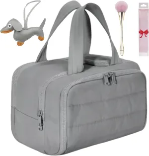 Cureaway Travel Cosmetic Bag, 0.6lb Large Capacity Wide-Open Travel Cosmetic Bag, 4-In-1 Puffy Multi-Functional Toiletry Bag for Women, Wash Pouch Portable Hanging Lightweight Organizer (Grey-b)