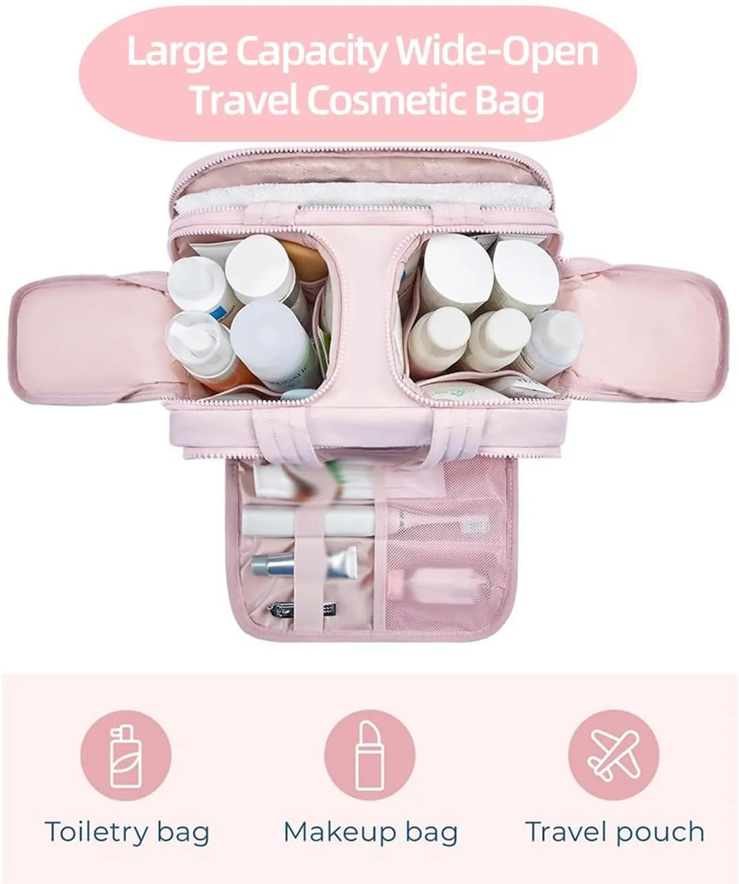 Cureaway Travel Cosmetic Bag, Large Capacity Wide-Open Travel Cosmetic Bag, 4-In-1 Puffy Multi-Functional Toiletry Bag for Women, Portable Toiletry Bag with Divider and Handle (Off-white)