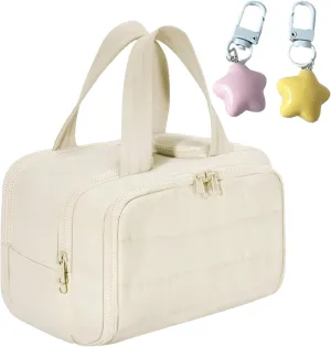 Cureaway Travel Cosmetic Bag, Large Capacity Wide-Open Travel Cosmetic Bag, 4-In-1 Puffy Multi-Functional Toiletry Bag for Women, Portable Toiletry Bag with Divider and Handle (Off-white)