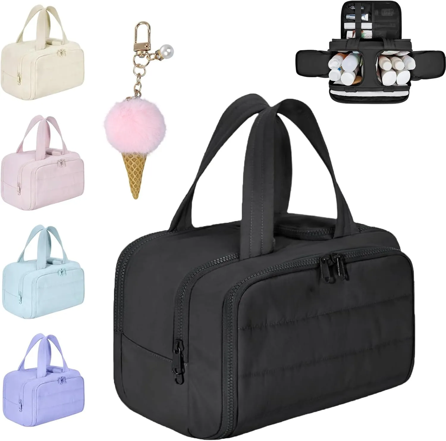 Cureaway Travel Cosmetic Bag, Large Capacity Wide-Open Travel Cosmetic Bag, 4-In-1 Puffy Multi-Functional Toiletry Bag for Women, Wash Pouch Portable Hanging Organizer (1, Black, 11.8*8.3*7.3in)
