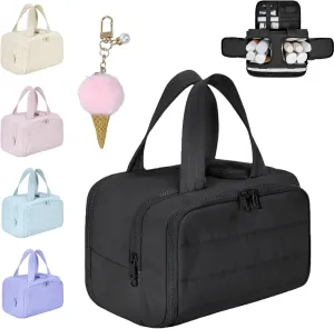 Cureaway Travel Cosmetic Bag, Large Capacity Wide-Open Travel Cosmetic Bag, 4-In-1 Puffy Multi-Functional Toiletry Bag for Women, Wash Pouch Portable Hanging Organizer (1, Black, 11.8*8.3*7.3in)