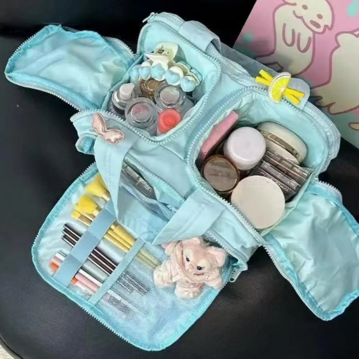 Cureaway Travel Cosmetic Bag, Large Capacity Wide-Open Travel Cosmetic Bag, for Women with Divider and Handle, 4-In-1 Puffy Multi-Functional Toiletry Bag for Women (Light blue)