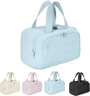Cureaway Travel Cosmetic Bag, Large Capacity Wide-Open Travel Cosmetic Bag, for Women with Divider and Handle, 4-In-1 Puffy Multi-Functional Toiletry Bag for Women (Light blue)