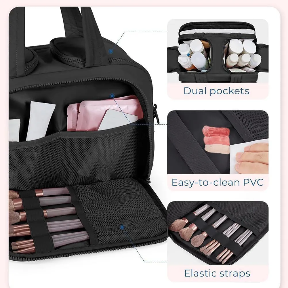 Curetoaway Travel Cosmetic Bag, Large Capacity Wide-Open Travel Cosmetic Bag, Curetoaway-Z Lightweight Waterproof Puffer Toiletry Bag, 4-In-1 Puffy Multi-Functional Toiletry Bag for Women (Black, A)